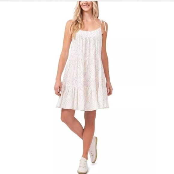 CECE WOMENS BLACK & WHITE POLKA DOT TIERED RUFFLE SUNDRESS DITSY COTTAGE sz M - Picture 2 of 6